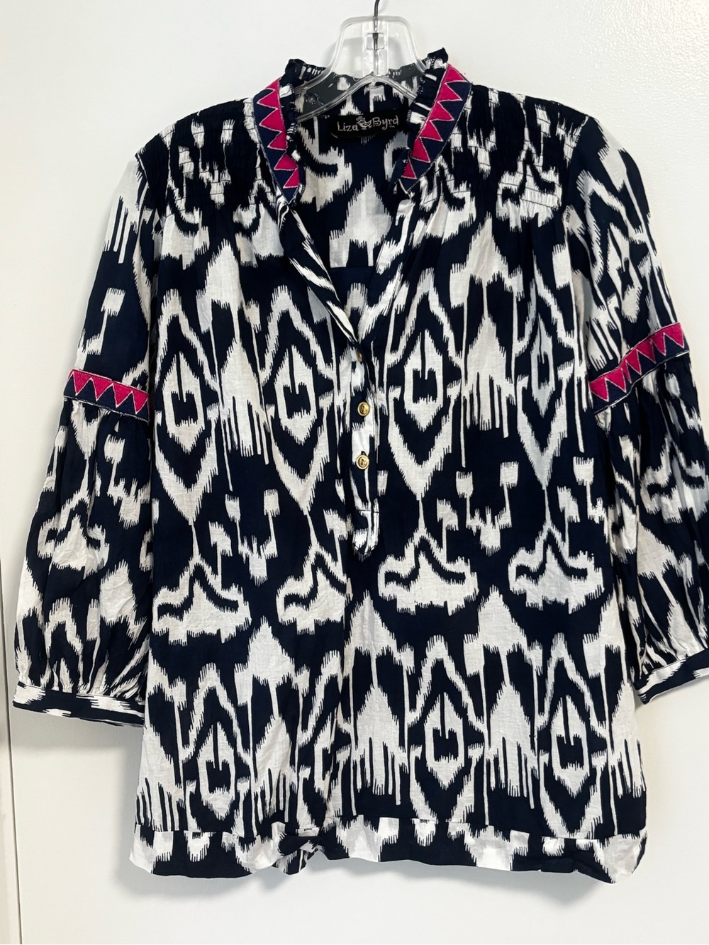 Liza Byrd Navy and White Ikat Tunic with Pink Trim